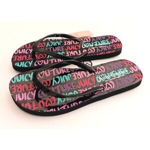 NWT Juicy Couture Zamia Flip Flops Blk Multicolor Spellout Insole Sz 7M